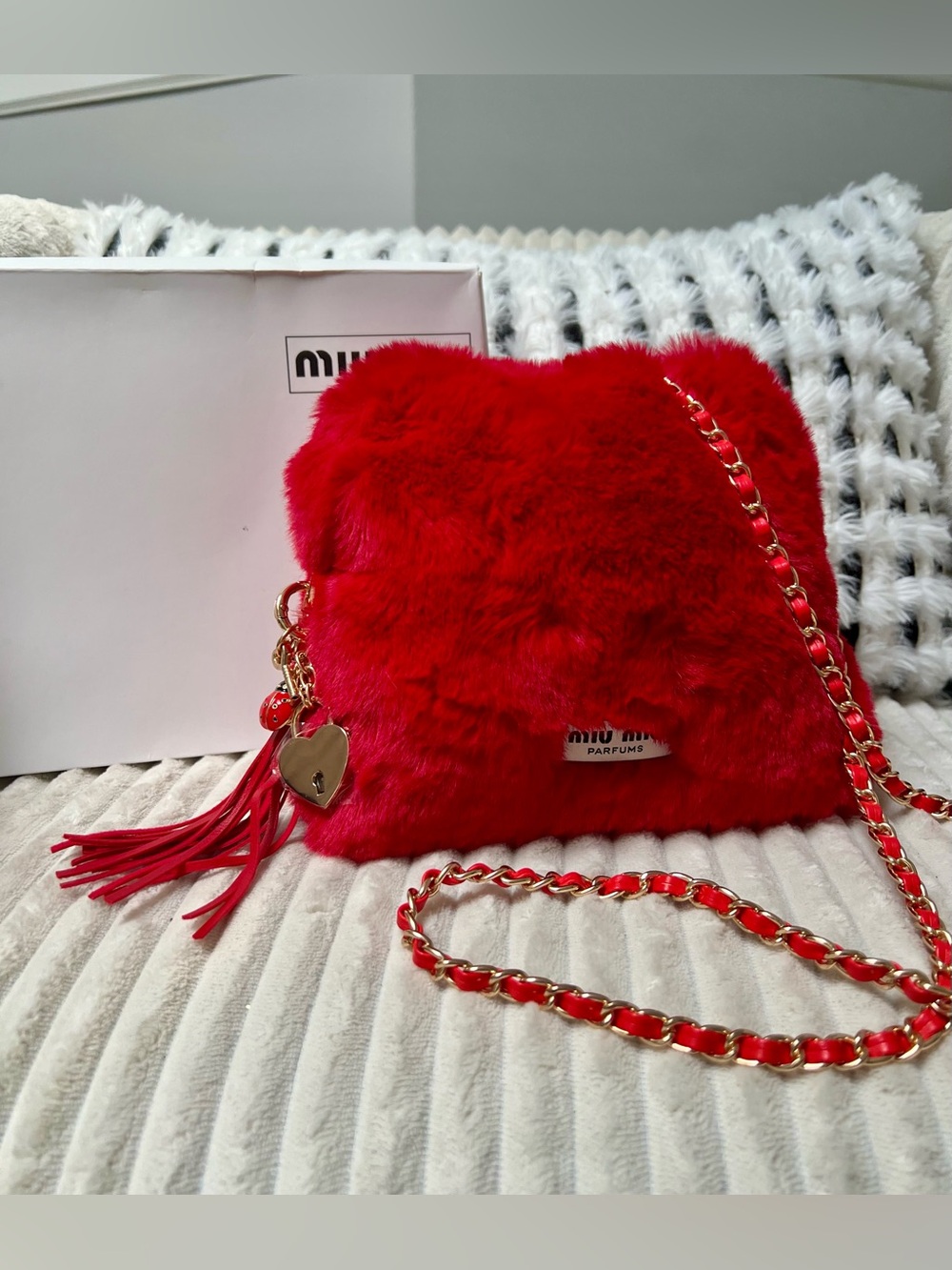 Miu Miu Red Faux Fur Upcycled Beauty to Shoulder Bag